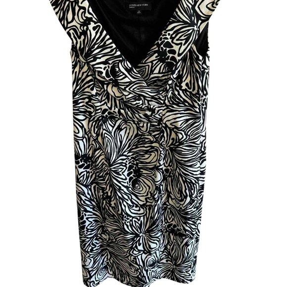 Jones New York Black/White Sheath Dress Boat Colar V neck size 10 Midi Modest - Picture 2 of 8